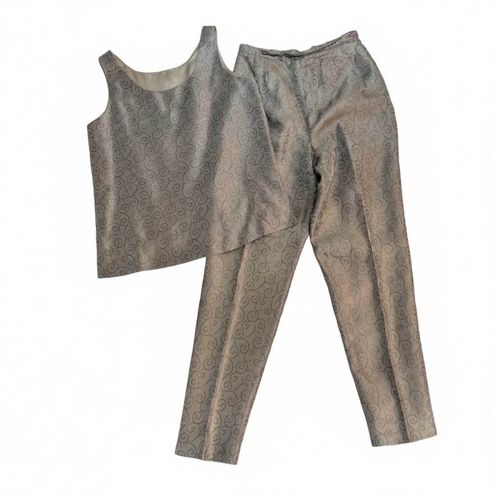 Ann May Vintage 100% Silk 2 Piece Pant Set Women S/8 Taupe Evening Dark Academia